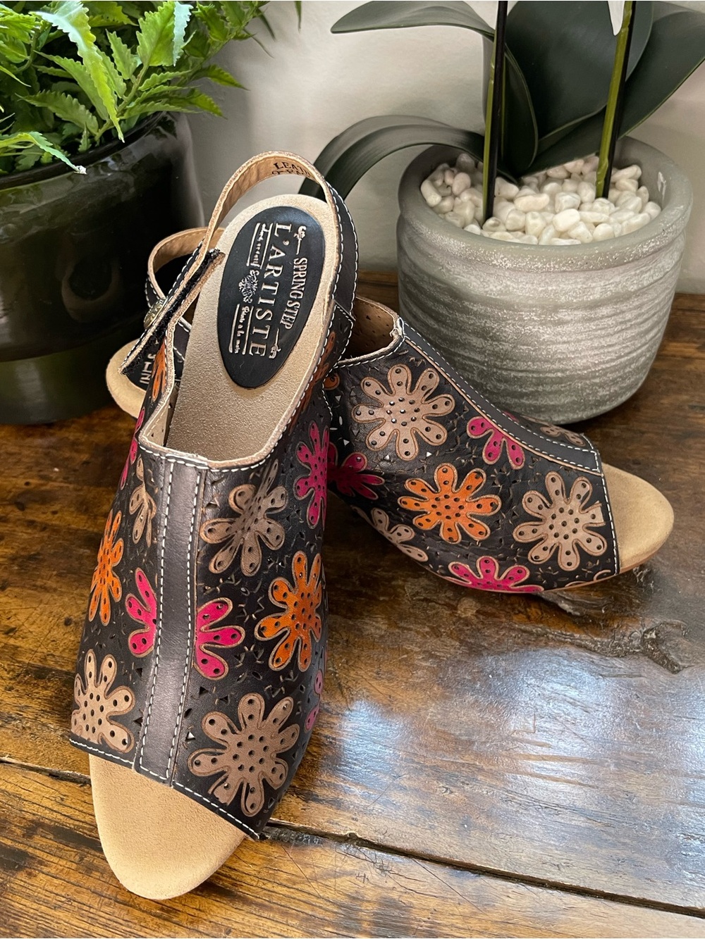 L'Artiste Floral Cutout Slingback Sandals - Black with Pink & Orange Accents